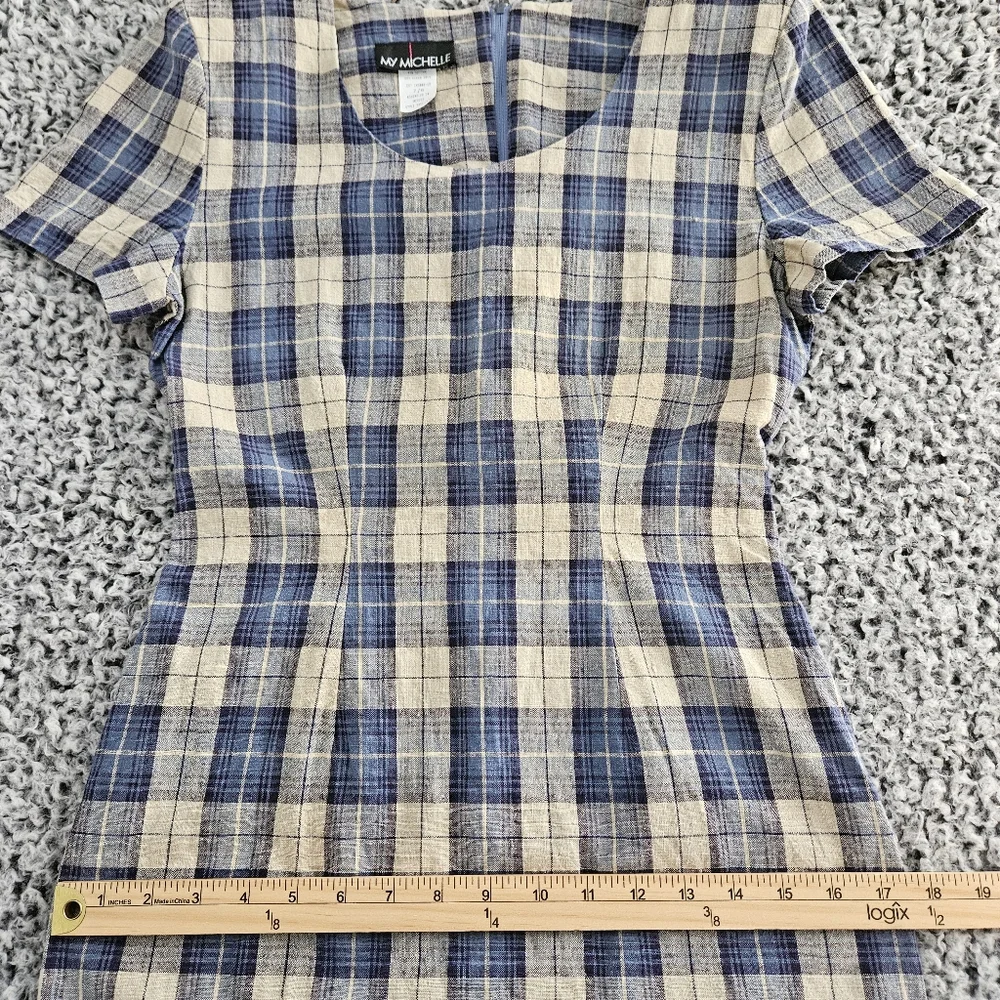 Vintage 90s My Michelle Blue Plaid Mini Dress 7/8 XS Short Sleeve Linen Grunge - Picture 9 of 14